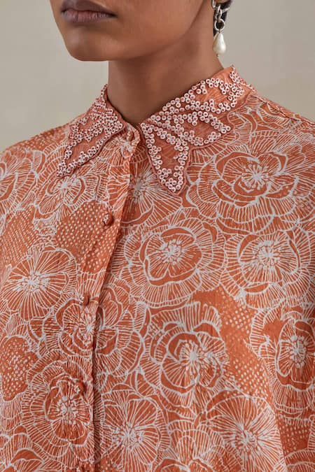 Buy One Not Two Orange Shirt Kurta Crushed Silk Embroidered Sequins Floral And Pant Set Online at Aza Fashions Buy_One Not Two_Orange Shirt Kurta Crushed Silk Embroidered Sequins Floral And Pant Set _Online_at_Aza_Fashions