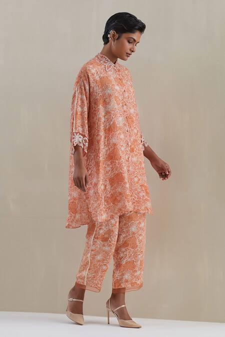 Shop One Not Two Orange Shirt Kurta Crushed Silk Embroidered Sequins Floral And Pant Set Online at Aza Fashions Shop_One Not Two_Orange Shirt Kurta Crushed Silk Embroidered Sequins Floral And Pant Set _Online_at_Aza_Fashions
