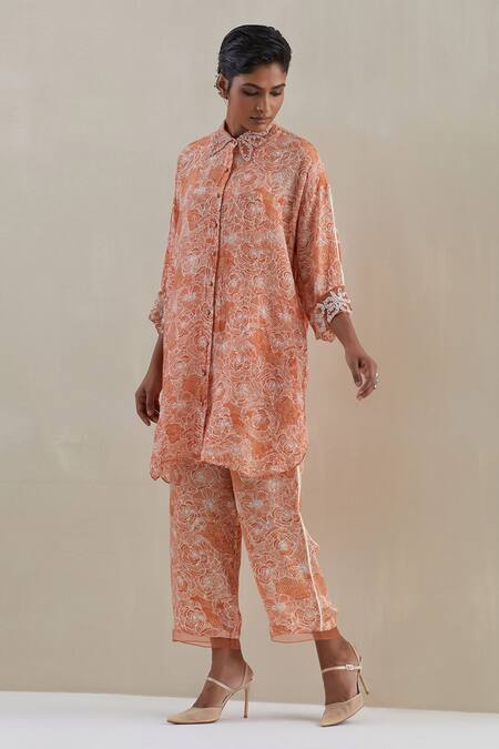One Not Two Orange Shirt Kurta Crushed Silk Embroidered Sequins Floral And Pant Set at Aza Fashions One Not Two_Orange Shirt Kurta Crushed Silk Embroidered Sequins Floral And Pant Set _at_Aza_Fashions