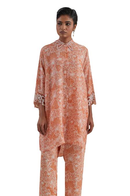Buy One Not Two Orange Shirt Kurta Crushed Silk Embroidered Sequins Floral And Pant Set Buy_One Not Two_Orange Shirt Kurta Crushed Silk Embroidered Sequins Floral And Pant Set