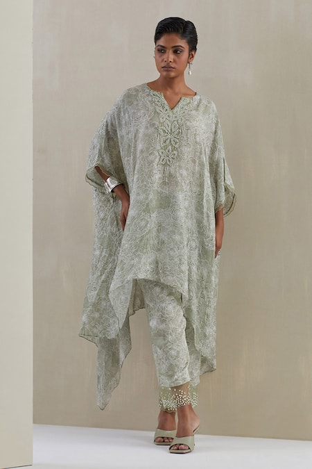 One Not Two Sequin Bead Hand Embroidered Kaftan With Pant 