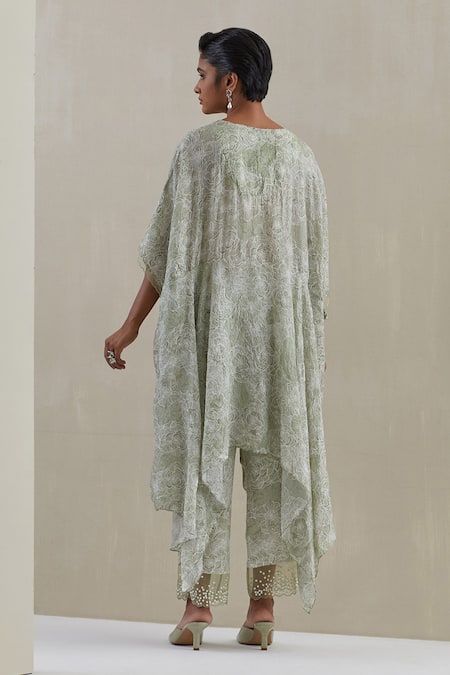 Shop One Not Two Green Kaftan Crushed Silk Hand Embroidered Sequins Notched Floral And Pant Set at Aza Fashions Shop_One Not Two_Green Kaftan Crushed Silk Hand Embroidered Sequins Notched Floral And Pant Set _at_Aza_Fashions