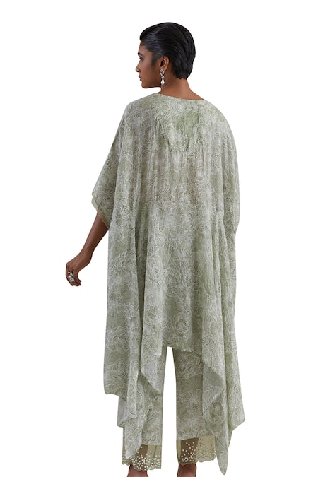One Not Two Green Kaftan Crushed Silk Hand Embroidered Sequins Notched Floral And Pant Set Online at Aza Fashions One Not Two_Green Kaftan Crushed Silk Hand Embroidered Sequins Notched Floral And Pant Set _Online_at_Aza_Fashions