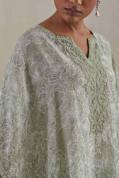 Shop One Not Two Green Kaftan Crushed Silk Hand Embroidered Sequins Notched Floral And Pant Set Online at Aza Fashions Shop_One Not Two_Green Kaftan Crushed Silk Hand Embroidered Sequins Notched Floral And Pant Set _Online_at_Aza_Fashions