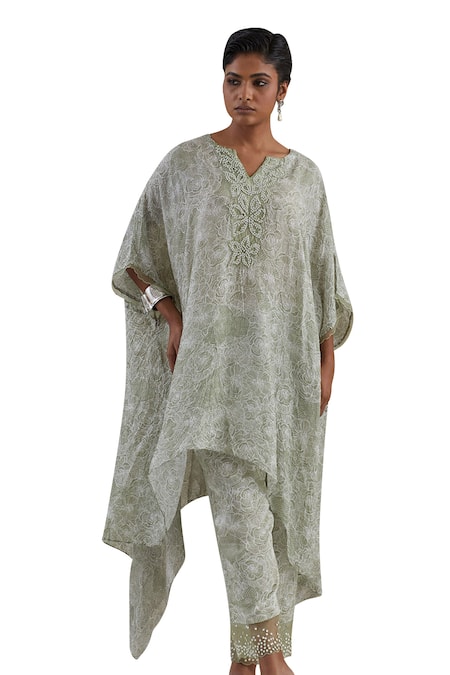 One Not Two Green Kaftan Crushed Silk Hand Embroidered Sequins Notched Floral And Pant Set at Aza Fashions One Not Two_Green Kaftan Crushed Silk Hand Embroidered Sequins Notched Floral And Pant Set _at_Aza_Fashions