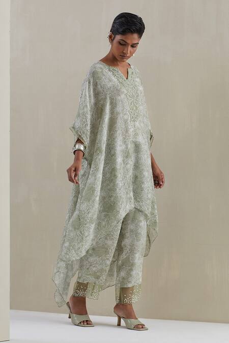 Buy One Not Two Green Kaftan Crushed Silk Hand Embroidered Sequins Notched Floral And Pant Set Buy_One Not Two_Green Kaftan Crushed Silk Hand Embroidered Sequins Notched Floral And Pant Set