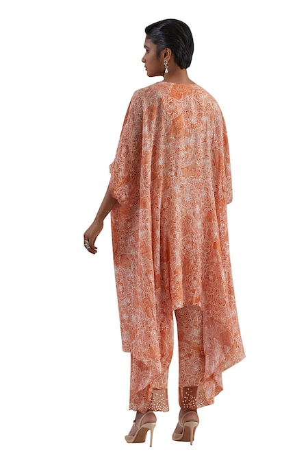 One Not Two_Orange Kaftan Crushed Silk Hand Embroidered Sequins Notched Floral And Pant Set _Online_at_Aza_Fashions