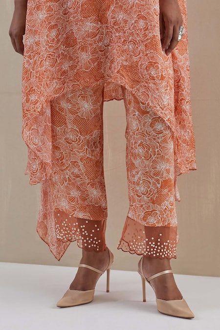 Buy_One Not Two_Orange Kaftan Crushed Silk Hand Embroidered Sequins Notched Floral And Pant Set _Online_at_Aza_Fashions