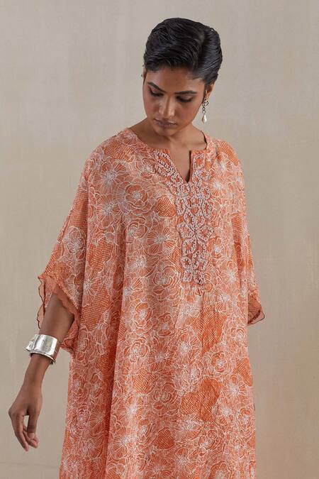Shop_One Not Two_Orange Kaftan Crushed Silk Hand Embroidered Sequins Notched Floral And Pant Set _Online_at_Aza_Fashions