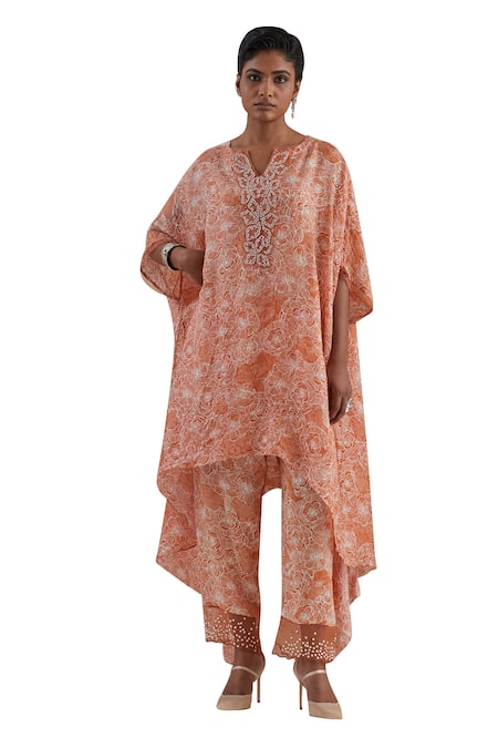 One Not Two_Orange Kaftan Crushed Silk Hand Embroidered Sequins Notched Floral And Pant Set _at_Aza_Fashions