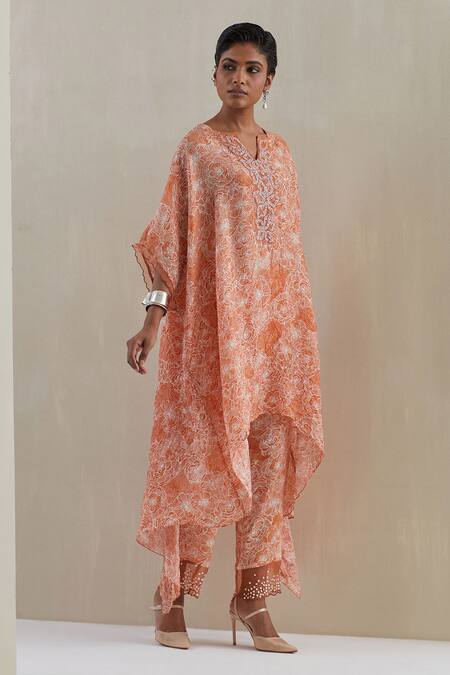 Buy_One Not Two_Orange Kaftan Crushed Silk Hand Embroidered Sequins Notched Floral And Pant Set 