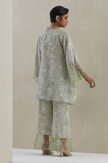 Shop One Not Two Green Kurta Crushed Silk Hand Embroidered Printed And Bell Bottom Pant Set at Aza Fashions Shop_One Not Two_Green Kurta Crushed Silk Hand Embroidered Printed And Bell Bottom Pant Set _at_Aza_Fashions