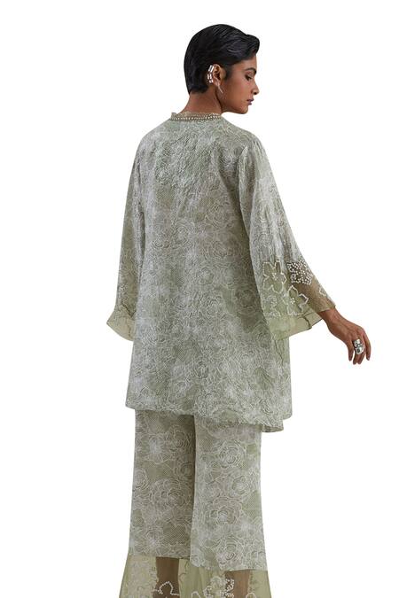 One Not Two Green Kurta Crushed Silk Hand Embroidered Printed And Bell Bottom Pant Set Online at Aza Fashions One Not Two_Green Kurta Crushed Silk Hand Embroidered Printed And Bell Bottom Pant Set _Online_at_Aza_Fashions