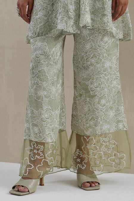 Buy One Not Two Green Kurta Crushed Silk Hand Embroidered Printed And Bell Bottom Pant Set Online at Aza Fashions Buy_One Not Two_Green Kurta Crushed Silk Hand Embroidered Printed And Bell Bottom Pant Set _Online_at_Aza_Fashions