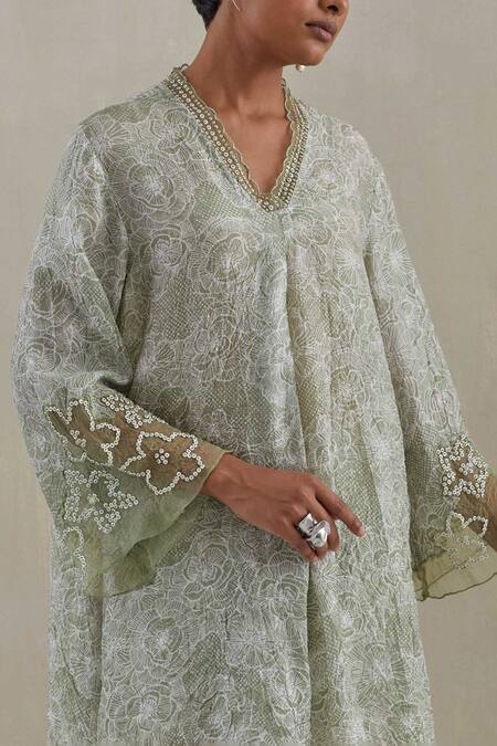 Shop One Not Two Green Kurta Crushed Silk Hand Embroidered Printed And Bell Bottom Pant Set Online at Aza Fashions Shop_One Not Two_Green Kurta Crushed Silk Hand Embroidered Printed And Bell Bottom Pant Set _Online_at_Aza_Fashions