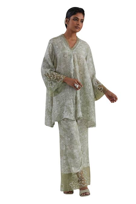 One Not Two Green Kurta Crushed Silk Hand Embroidered Printed And Bell Bottom Pant Set at Aza Fashions One Not Two_Green Kurta Crushed Silk Hand Embroidered Printed And Bell Bottom Pant Set _at_Aza_Fashions