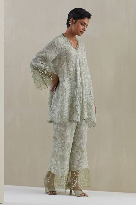 Buy One Not Two Green Kurta Crushed Silk Hand Embroidered Printed And Bell Bottom Pant Set Buy_One Not Two_Green Kurta Crushed Silk Hand Embroidered Printed And Bell Bottom Pant Set