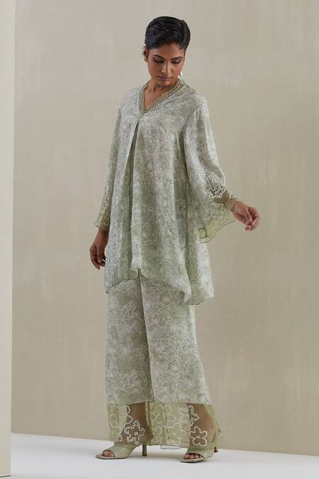 Shop One Not Two Green Kurta Crushed Silk Hand Embroidered Printed And Bell Bottom Pant Set Shop_One Not Two_Green Kurta Crushed Silk Hand Embroidered Printed And Bell Bottom Pant Set