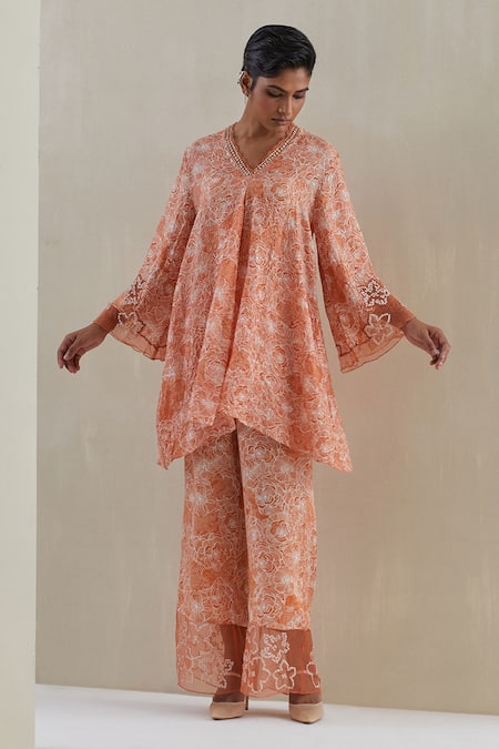 One Not Two Orange Kurta Crushed Silk Hand Embroidered Floral V-neck With Bell Bottom Pant 