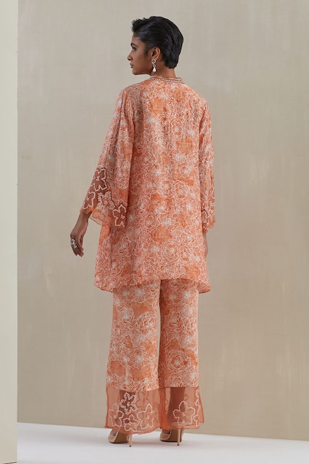 Shop One Not Two Orange Kurta Crushed Silk Hand Embroidered Floral V-neck Set at Aza Fashions Shop_One Not Two_Orange Kurta Crushed Silk Hand Embroidered Floral V-neck Set _at_Aza_Fashions