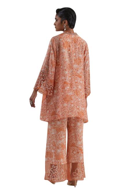 One Not Two Orange Kurta Crushed Silk Hand Embroidered Floral V-neck Set Online at Aza Fashions One Not Two_Orange Kurta Crushed Silk Hand Embroidered Floral V-neck Set _Online_at_Aza_Fashions