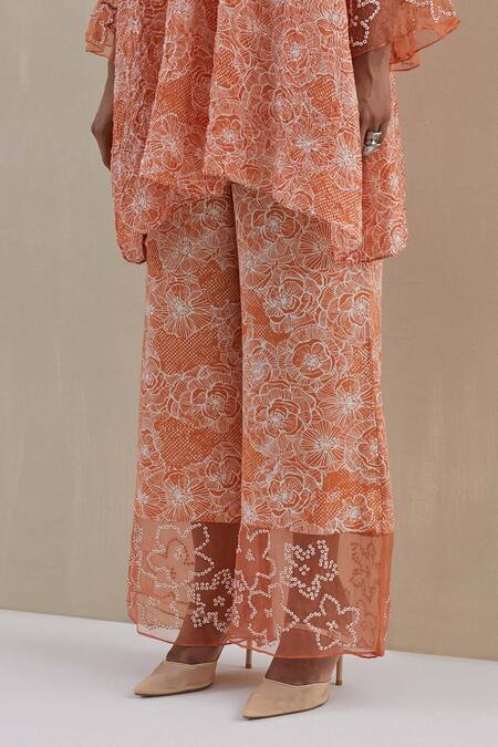 Buy One Not Two Orange Kurta Crushed Silk Hand Embroidered Floral V-neck Set Online at Aza Fashions Buy_One Not Two_Orange Kurta Crushed Silk Hand Embroidered Floral V-neck Set _Online_at_Aza_Fashions