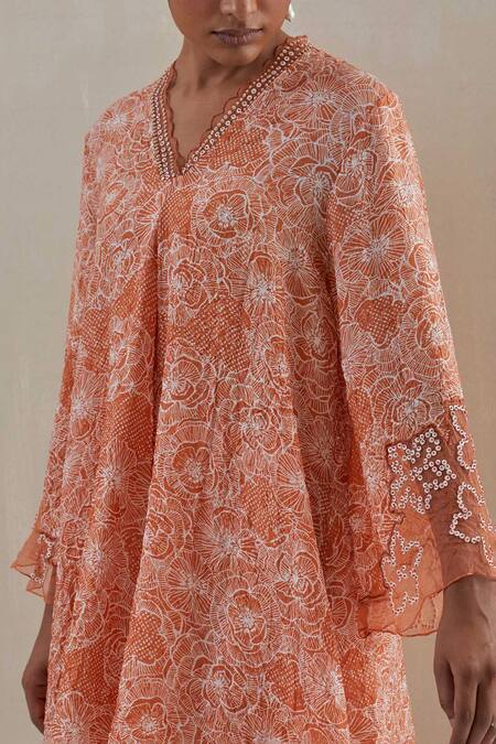 Shop One Not Two Orange Kurta Crushed Silk Hand Embroidered Floral V-neck Set Online at Aza Fashions Shop_One Not Two_Orange Kurta Crushed Silk Hand Embroidered Floral V-neck Set _Online_at_Aza_Fashions