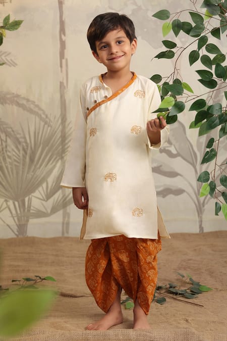 Cute Couture Beige Cotton Hand Embroidered Thread Elephant Kurta Set 