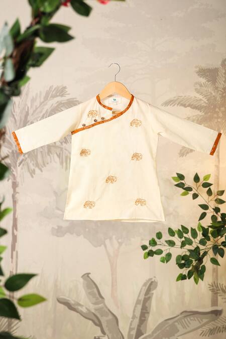 Shop Cute Couture Beige Cotton Hand Embroidered Thread Elephant Kurta Set Shop_Cute Couture_Beige Cotton Hand Embroidered Thread Elephant Kurta Set