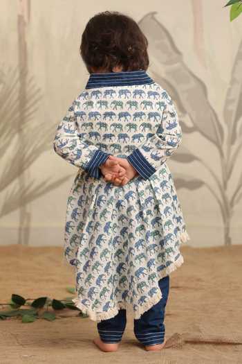 Shop Cute Couture Blue Cotton Lace Elephant Print Asymmetric Top With Pant at Aza Fashions Shop_Cute Couture_Blue Cotton Lace Elephant Print Asymmetric Top With Pant _at_Aza_Fashions