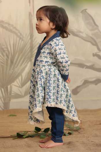 Shop Cute Couture Blue Cotton Lace Elephant Print Asymmetric Top With Pant Online at Aza Fashions Shop_Cute Couture_Blue Cotton Lace Elephant Print Asymmetric Top With Pant _Online_at_Aza_Fashions