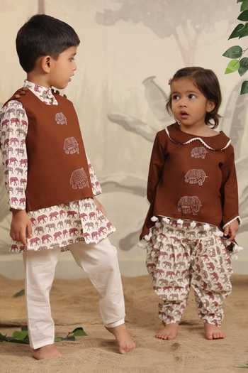 Cute Couture Brown Cotton Pom-poms Elephant Print Kurta With Dhoti Pant Online at Aza Fashions Cute Couture_Brown Cotton Pom-poms Elephant Print Kurta With Dhoti Pant _Online_at_Aza_Fashions