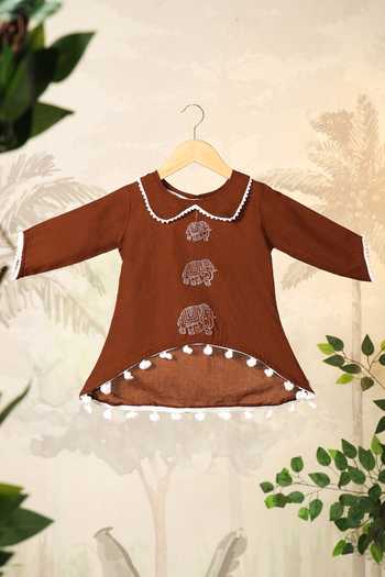 Cute Couture Brown Cotton Pom-poms Elephant Print Kurta With Dhoti Pant at Aza Fashions Cute Couture_Brown Cotton Pom-poms Elephant Print Kurta With Dhoti Pant _at_Aza_Fashions