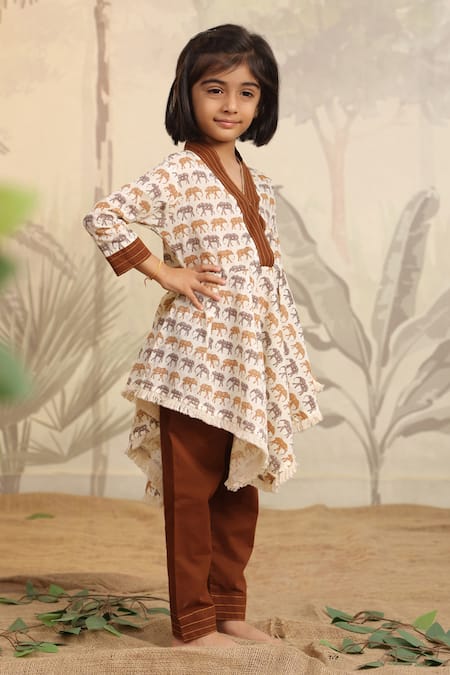 Cute Couture_Cream Cotton Printed Elephant Asymmetric Kurta And Pant Set _Online_at_Aza_Fashions