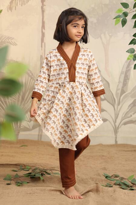 Shop_Cute Couture_Cream Cotton Printed Elephant Asymmetric Kurta And Pant Set _Online_at_Aza_Fashions