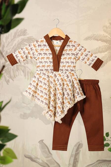Cute Couture_Cream Cotton Printed Elephant Asymmetric Kurta And Pant Set _at_Aza_Fashions