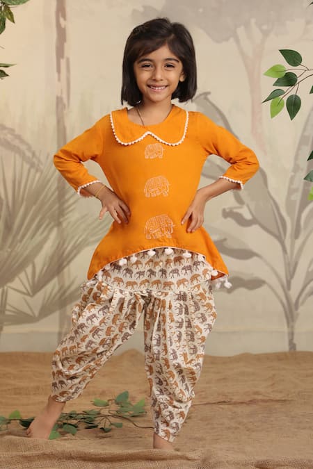 Cute Couture Yellow Cotton Pom-poms Elephant Print Kurta And Dhoti Pant Set
