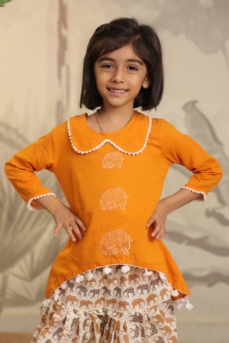 Cute Couture_Yellow Cotton Pom-poms Elephant Print Kurta And Dhoti Pant Set _Online_at_Aza_Fashions