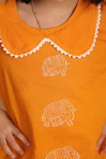 Buy_Cute Couture_Yellow Cotton Pom-poms Elephant Print Kurta And Dhoti Pant Set _Online_at_Aza_Fashions