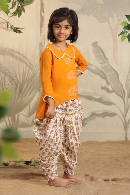Shop_Cute Couture_Yellow Cotton Pom-poms Elephant Print Kurta And Dhoti Pant Set _Online_at_Aza_Fashions