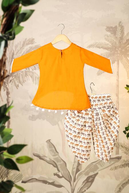 Buy_Cute Couture_Yellow Cotton Pom-poms Elephant Print Kurta And Dhoti Pant Set 