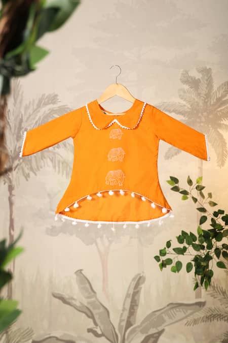 Shop_Cute Couture_Yellow Cotton Pom-poms Elephant Print Kurta And Dhoti Pant Set 