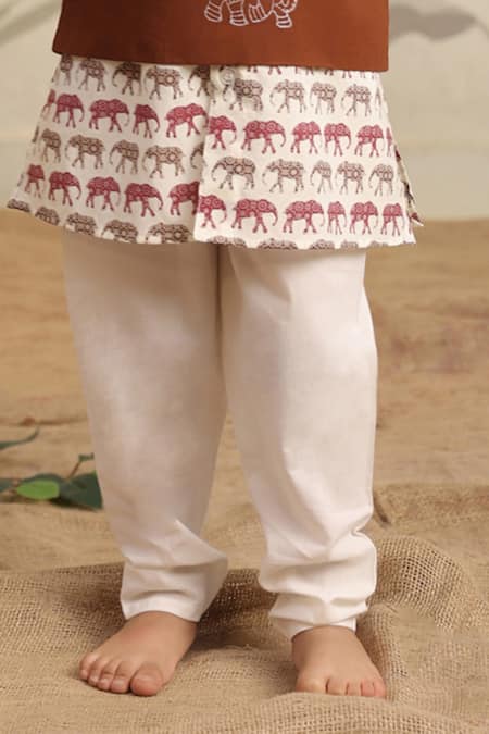 Cute Couture Brown Cotton Embroidery Elephant Print Kurta Set With Jacket Online at Aza Fashions Cute Couture_Brown Cotton Embroidery Elephant Print Kurta Set With Jacket _Online_at_Aza_Fashions