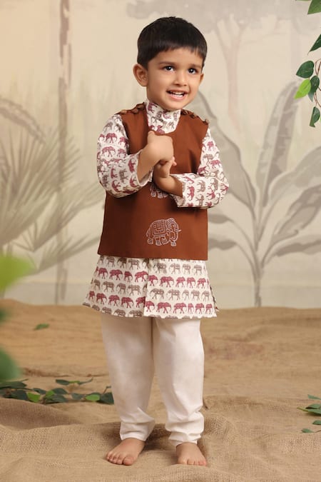 Cute Couture Brown Cotton Embroidery Elephant Print Kurta Set With Jacket 