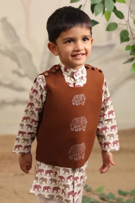 Shop Cute Couture Brown Cotton Embroidery Elephant Print Kurta Set With Jacket Online at Aza Fashions Shop_Cute Couture_Brown Cotton Embroidery Elephant Print Kurta Set With Jacket _Online_at_Aza_Fashions