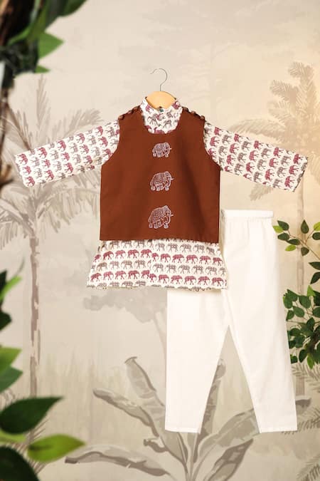 Cute Couture Brown Cotton Embroidery Elephant Print Kurta Set With Jacket at Aza Fashions Cute Couture_Brown Cotton Embroidery Elephant Print Kurta Set With Jacket _at_Aza_Fashions