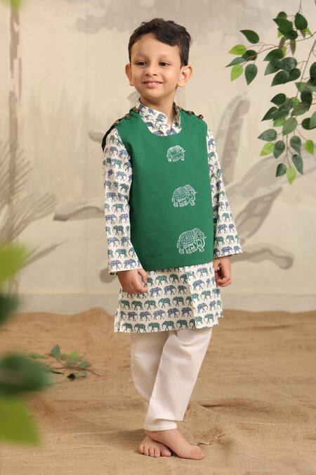 Cute Couture_Green Cotton Printed Elephant Block Jacket Set _Online_at_Aza_Fashions