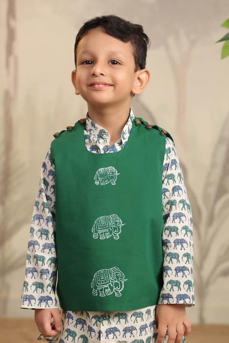 Shop_Cute Couture_Green Cotton Printed Elephant Block Jacket Set _Online_at_Aza_Fashions