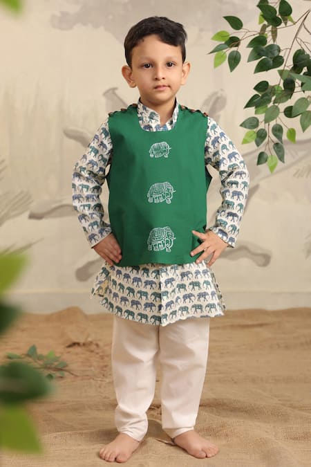 Cute Couture Green Cotton Printed Elephant Block Jacket Set 