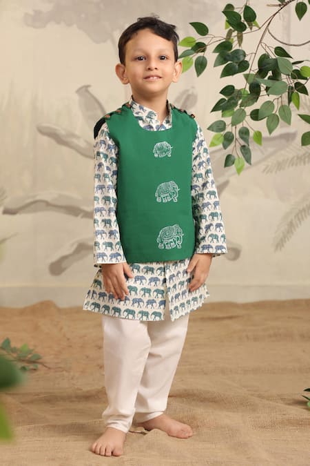 Cute Couture_Green Cotton Printed Elephant Block Jacket Set _at_Aza_Fashions